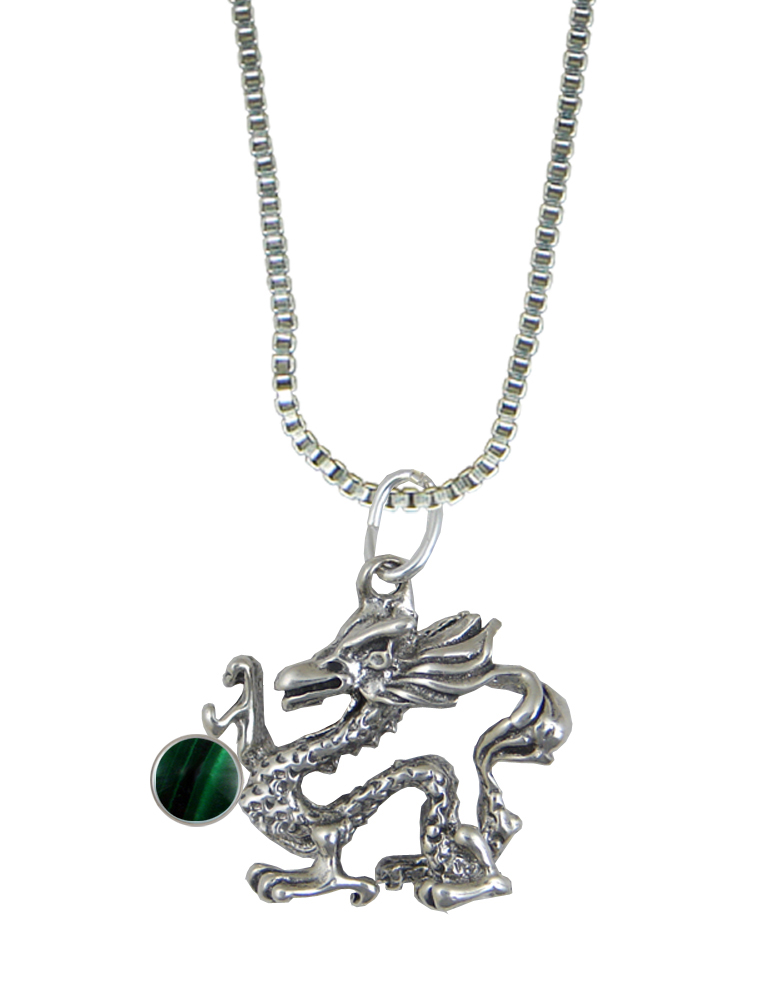 Sterling Silver Oriental Dragon Pendant With Malachite